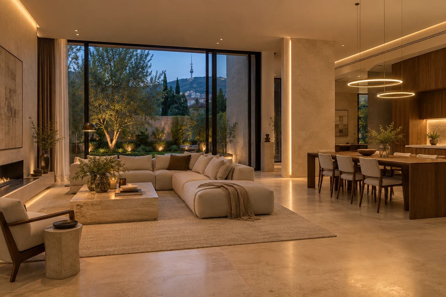 Courtyard-ის მისაღები და განათებული სასადილო