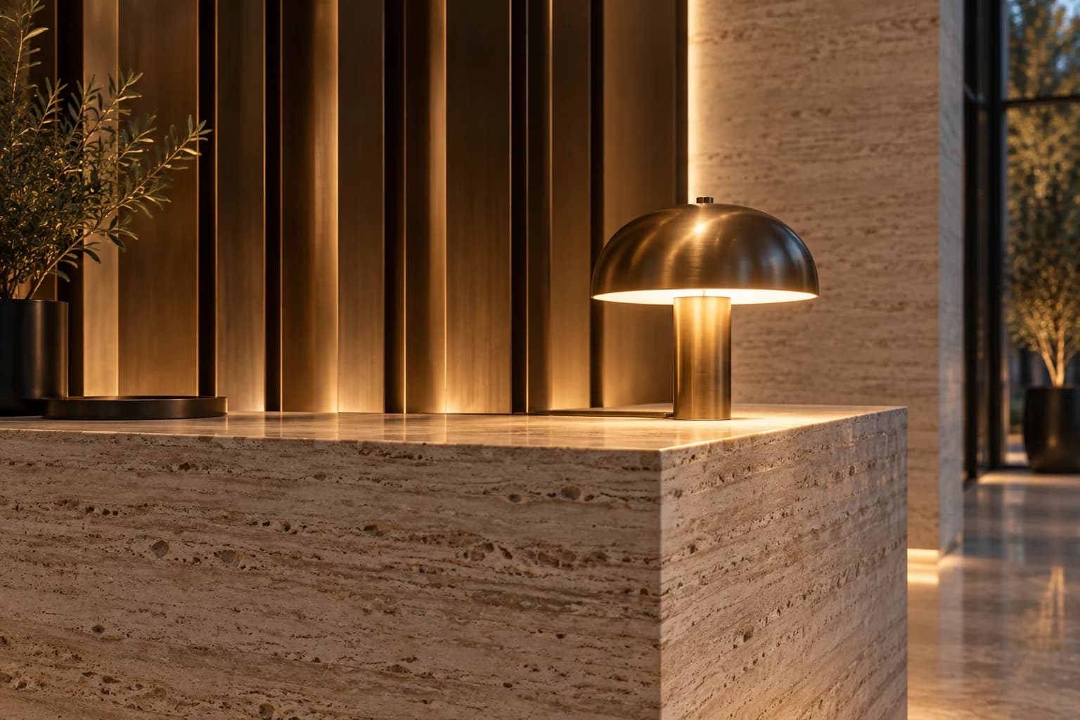 Illuminated travertine and bronze detail